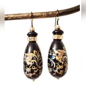 Elegant Japanese Tensha Black & Gold Floral Bead Earrings